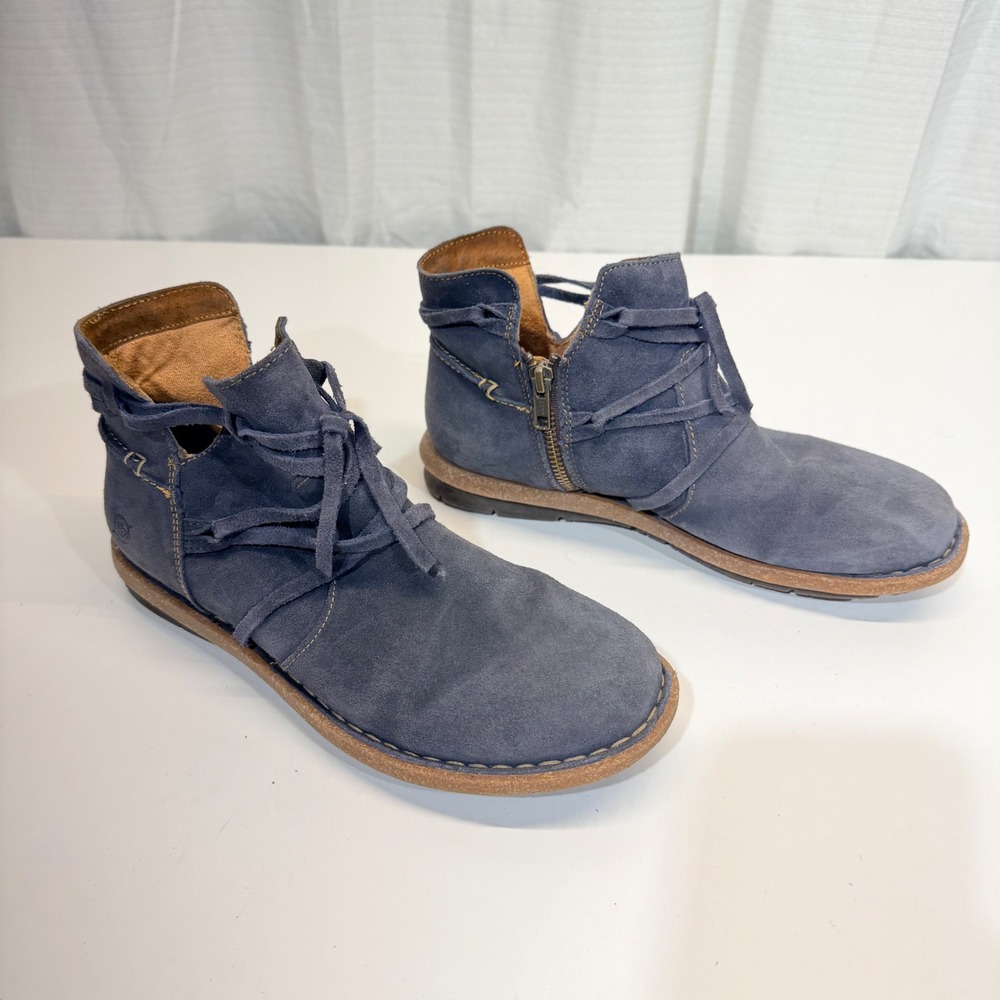 Born Kerri Ankle Boots 9 Blue Suede Lace Up Wrap Side Zip Booties F59113